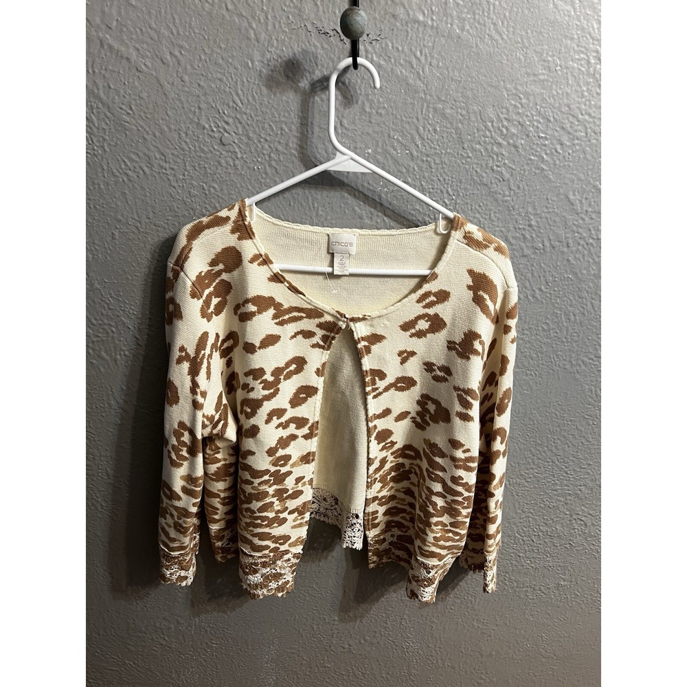 Chico's Animal Print Sweater Cream Tan Size  2 3/4 Sleeve‎ Short Cardigan Women